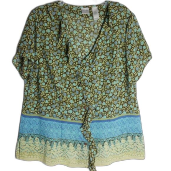 Emma James Womens Size 14W Green Floral Print Rouffle Blouse Button Up - Picture 1 of 11